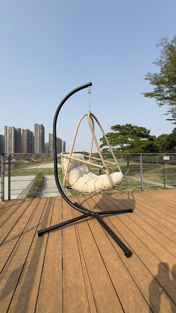 English Elm Swing Egg Chair With Stand – Cozy Indoor/Outdoor Wicker Patio Basket With Cup Holder & Cushions! W2707P296436-GIGA