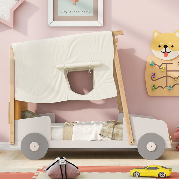 English Elm Wood Twin Car Bed with Pillow, Ceiling Canopy & LED Night Lights, Solid Pine Frame, Fun Kids Ride Bed - Twin Size, Natural Finish WF309288AAM