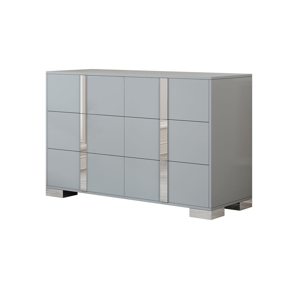 English Elm Elegant Mirrored Dresser with Metal Feet and 6 Spacious Drawers for Organized, Modern Living Spaces Gray 54.25 L x 20.75 W x 8.5 H N733P307943G