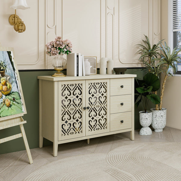 English Elm Hollowed-Out Cabinet With 2 Doors & 3 Drawers – Stylish American Furniture For Versatile Storage Solutions W688P223034