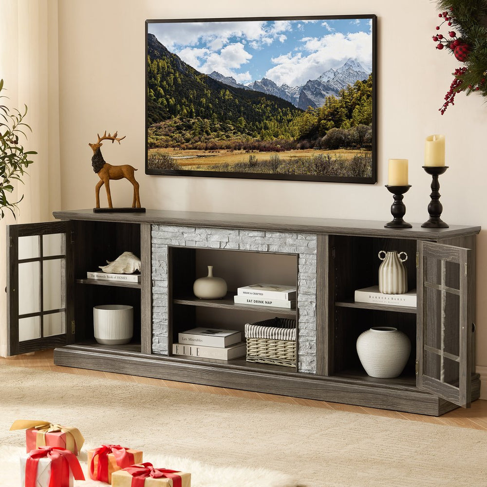 English Elm 70" Modern TV Stand with Faux Stone Top, Spacious 2-Door Media Console with Cable Management and Adjustable Shelves, Vintage Metal Handles, Durable MDF Construction for Living Room Entertainment (Fits up to 75") Grey W2275P342688