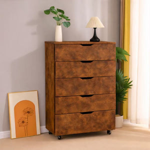 English Elm 5 Drawer Rolling Chest Distressed Finish Mobile Bedroom Storage Cabinet on Caster Wheels Rustic Brown B372P444032