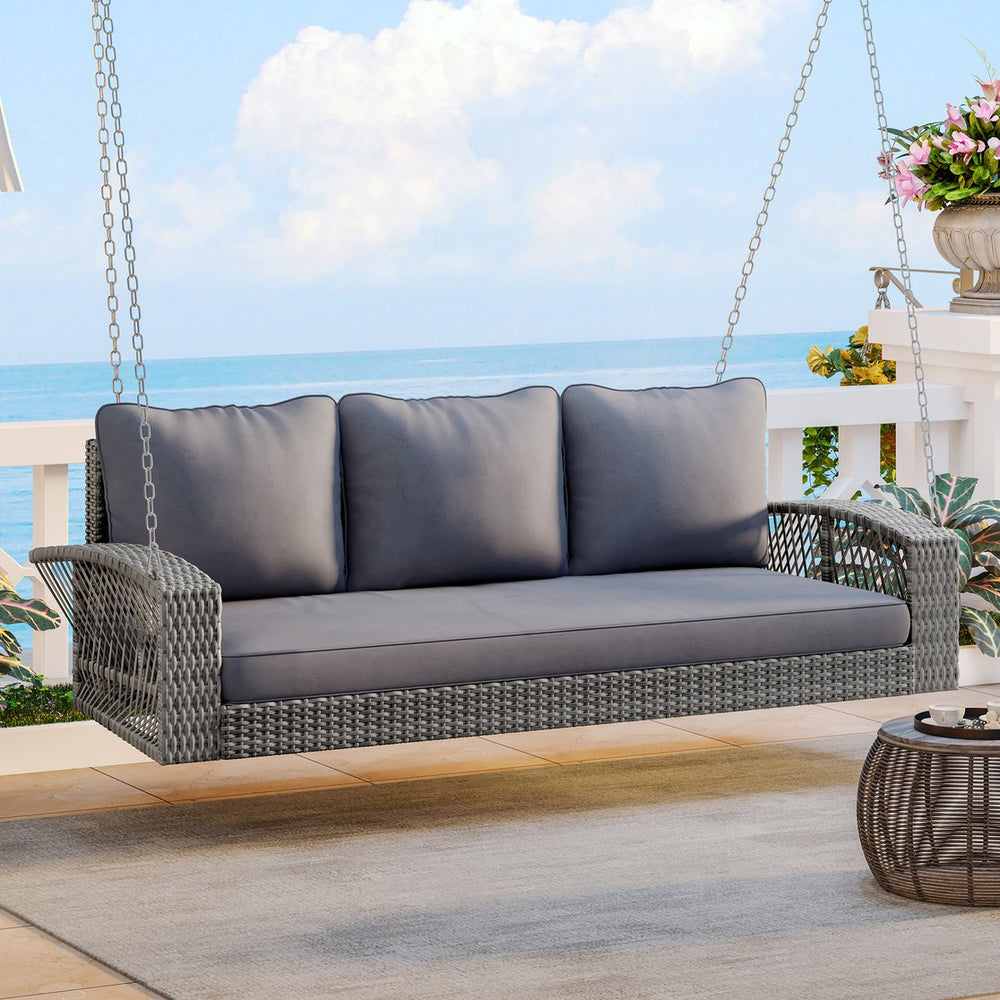 English Elm GO 69" PE Wicker 3-Person Porch Swing with 800lb Capacity, Cushioned Patio Bench for Backyard Relaxation Gray N704P250643E