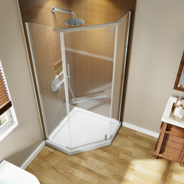 English Elm Corner Frameless Neo-angle Pivot Shower Enclosure with Tempered Glass and Sleek Hardware Brushed Nickel W637P348806
