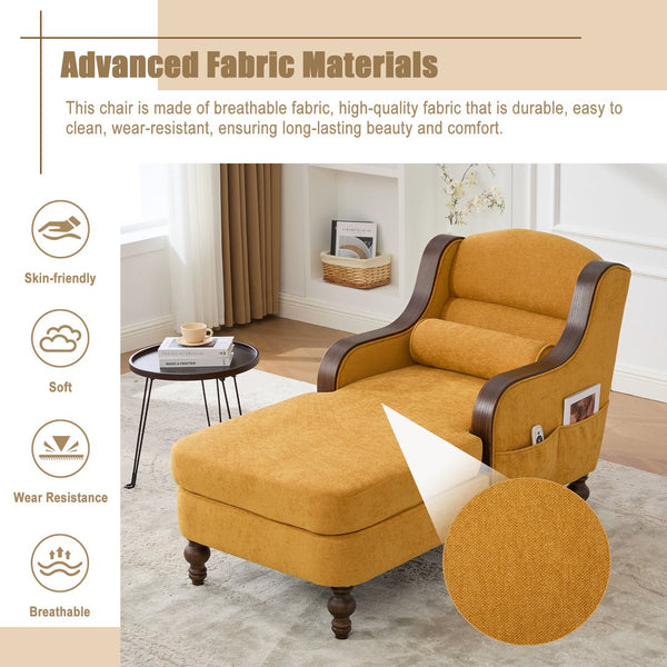 English Elm UNITED Oversized Chaise Lounge Sofa Bed with Solid Wood Arms, High-Resilience Foam, 800lb Capacity and Storage Pockets Mustard yellow W1568S00211