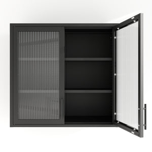 English Elm Retro Wall-Mounted Cabinet with Hazy Tempered Glass Doors, 2 Adjustable Shelves, Steel Black Finish W2378P176274