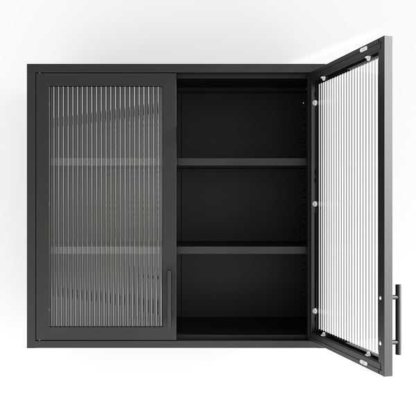 English Elm Retro Wall-Mounted Cabinet with Hazy Tempered Glass Doors, 2 Adjustable Shelves, Steel Black Finish W2378P176274
