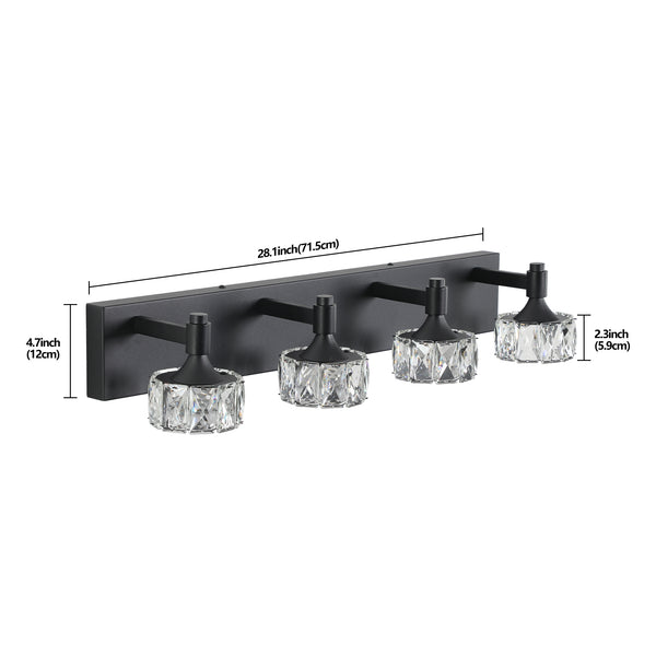English Elm Modern 4-Light Matte Black LED Vanity Light with Crystal Shades, Dimmable 6000K 1300LM Bathroom W2312P374902