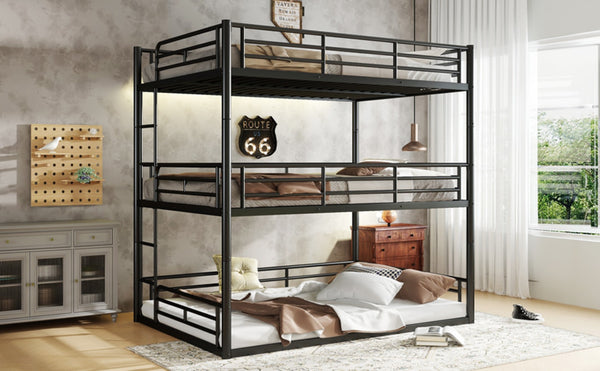 English Elm Twin Triple Metal Bunk Bed Matte Powder Coated Frame with Full Safety Guardrails Black W1580S00580