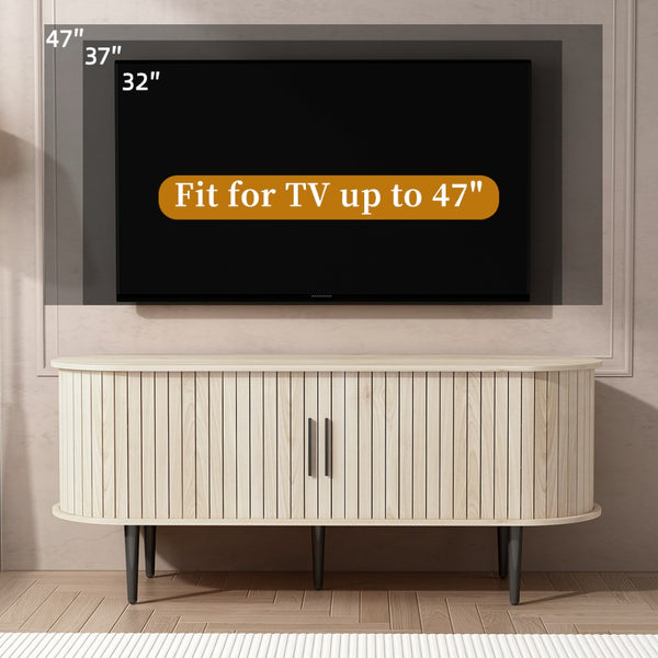 English Elm Tv Stand 47 Inch Mid-century Console with Fluted Sliding Door and Tapered Wood Legs W2641P442533