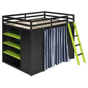 English Elm Full Size Wood Loft Bed with Wardrobe Desk Shelves Rgb Lighting and Blackout Curtains Black+Green LT000269AAF-1
