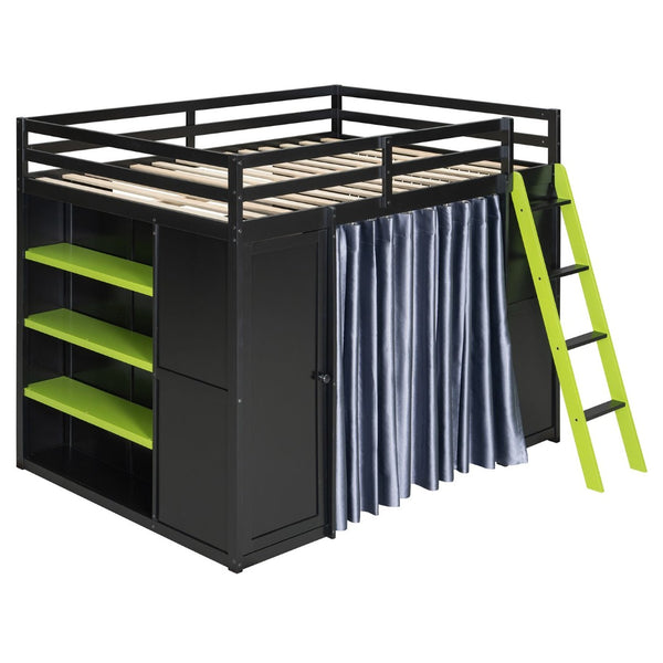 English Elm Full Size Wood Loft Bed with Wardrobe Desk Shelves Rgb Lighting and Blackout Curtains Black+Green LT000269AAF-1