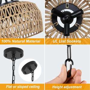 English Elm Farmhouse Rattan Chandelier - 3-Light Boho Pendant Light Fixture For Dining Room & Coastal Spaces W2738P185445