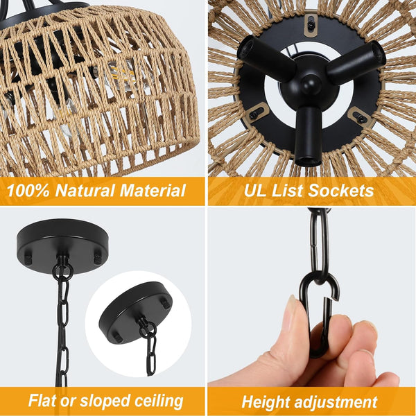 English Elm Farmhouse Rattan Chandelier - 3-Light Boho Pendant Light Fixture For Dining Room & Coastal Spaces W2738P185445