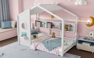 English Elm Twin House Floor Bed for Kids Montessori Playhouse with Roof, Built-In Shelf, Sturdy Pine Frame, Safeologna White 78.6 L x 16.6 W x 6.85 H N733P335064K