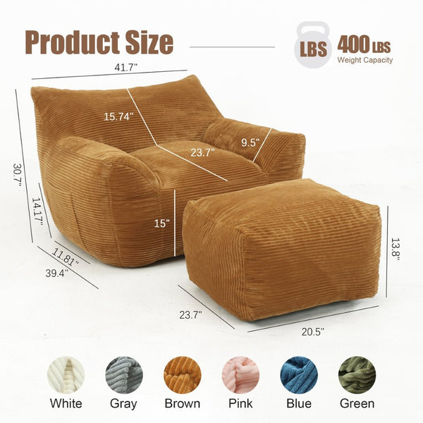 English Elm Bean Bag Chair with Armrests Shredded Foam Fill Oversized Lounge Seat for Adults Brown W5385P433252