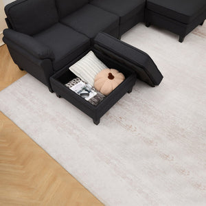 English Elm 102 Inch Linen Modular Sectional Sofa with Hidden Storage and Cloud Cushion Comfort Black W1099S00211
