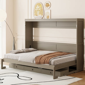 English Elm Queen Murphy Bed Cabinet with Vanity Desk Hydraulic Lift Mirror Distressed Finish Gray LP000766AAE-1