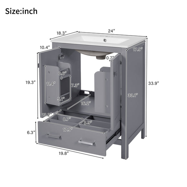 English Elm 24-inch Modern Bathroom Vanity with Ceramic Sink, Soft-Close Doors, Drawer Divider & Ample Storage Gray N729P299440E