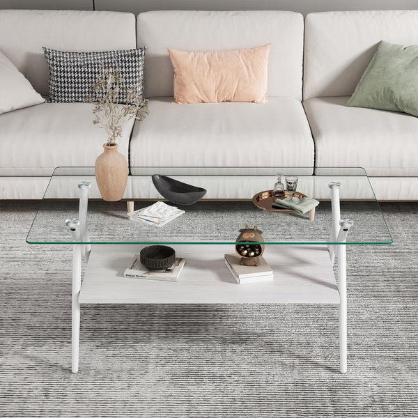 English Elm Coffee Table Set Of 3 With Tempered Glass & Mdf Storage, Modern Design For Living Room Elegance W241S00049