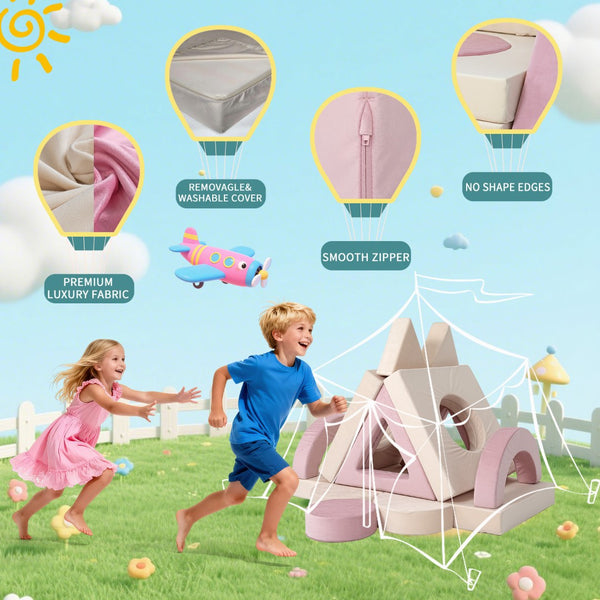 English Elm 14pcs Modular Foam Play Couch Set Convertible Toddler Fort Builder for Playrooms Pink+White T5880P493441