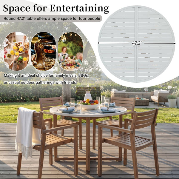 English Elm U_style Solid Acacia Wood Round Outdoor Dining Set Seats Four with Slatted Design Light Gray,Natural & Light Brown WY000475AAD
