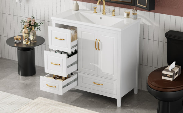 English Elm Christopher Knight Home® - 36" Freestanding Bathroom Vanity with Resin Sink, Soft-Close Doors & Drawers, Gold Alloy Handles, Spacious Storage and Easy Plumbing Access White N759P292552K