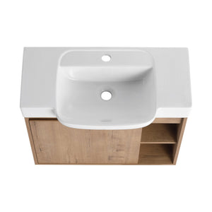 English Elm 28'' Floating Bathroom Vanity with Ceramic Sink Soft Close Door Melamine Cabinet Imitative Oak W999P426637