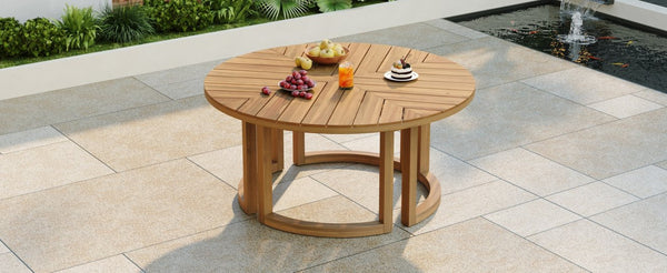English Elm Trexm Round Acacia Outdoor Dining Table Seats Six with Umbrella Hole Slatted Top Light Teak N715P404283D