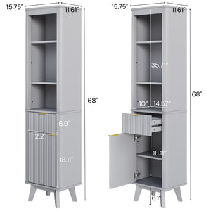 English Elm 68" Tall Fluted Freestanding Storage Cabinet with Drawer and Adjustable Shelf for Bathroom Gray N817P375218G