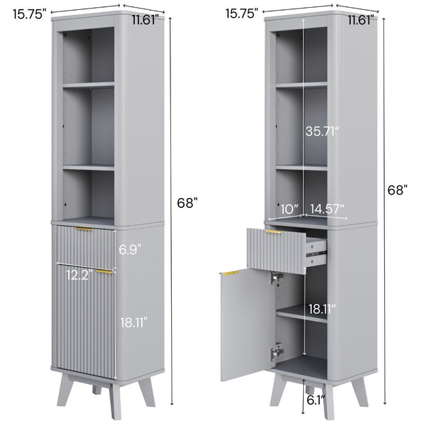 English Elm 68" Tall Fluted Freestanding Storage Cabinet with Drawer and Adjustable Shelf for Bathroom Gray N817P375218G