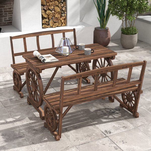 English Elm Outsunny Rustic Pine Outdoor Dining Set Seats 4 with Wagon Wheel Carved Benches W2225P174471