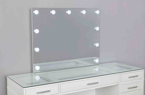 English Elm Glam Elegant Vanity Set with LED Mirror, Plush Stool, Ample Storage, Felt-Lined Drawers, Chic Finish White 41 L x 33 W x 8 H B2741S00679