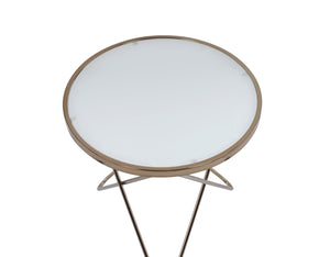 English Elm 1pc Mid-Century End Table with Frosted Round Glass Top and Sleek Metallic Frame, 22" Square Champagne 24.5 L x 33.5 W x 5 H B2741P332643