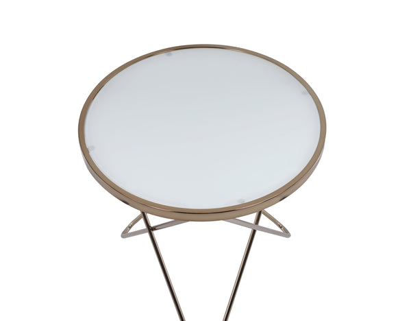 English Elm 1pc Mid-Century End Table with Frosted Round Glass Top and Sleek Metallic Frame, 22" Square Champagne 24.5 L x 33.5 W x 5 H B2741P332643