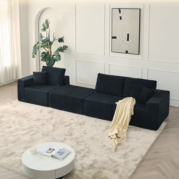 English Elm 110" Cloud Modular Sectional Sofa Boneless Corduroy 3-Seater with Ottoman & 2 Pillows, No Assembly, Luxurious Comfort Black W2656S00006