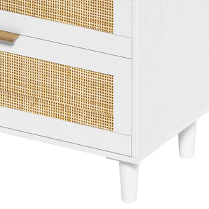 English Elm 59" Rattan Dresser with 6 Spacious Drawers, Stylish Woven Texture, Metal Handles & Wood Legs for Bedroom White W757P209514