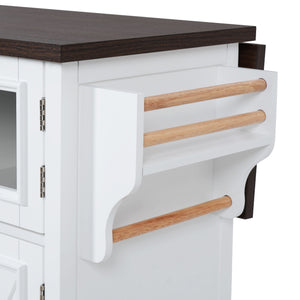 English Elm K&K 54.9" Farmhouse Kitchen Island Cart with Drop Leaf, Charging Station, Barn Doors & Glass Pane White N707P300277W