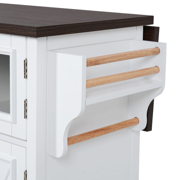 English Elm K&K 54.9" Farmhouse Kitchen Island Cart with Drop Leaf, Charging Station, Barn Doors & Glass Pane White N707P300277W