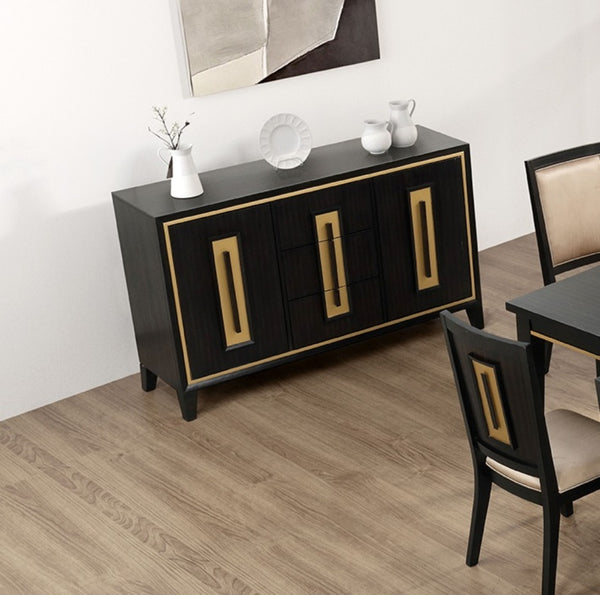 English Elm Espresso Contemporary Farmhouse Server 60"W with Wood Handles, Felt-Lined Dovetail Drawers, Gold Trim B2741P311026