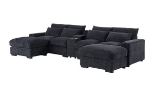 English Elm Modern Flannel Velvet Modular Sectional with Reclining Seats Usb Console Ottomans Dark Gray B2730S00044