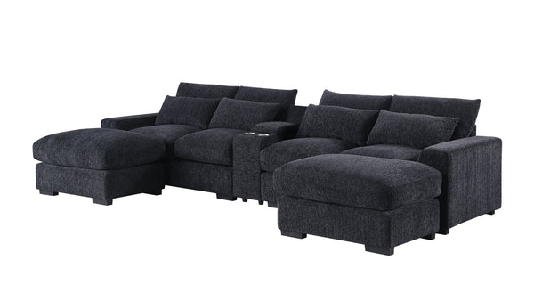 English Elm Modern Flannel Velvet Modular Sectional with Reclining Seats Usb Console Ottomans Dark Gray B2730S00044
