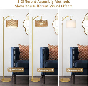 English Elm Gold Boho Floor Lamp with Remote Dimmable LED, Dual Rattan & Fabric Shades, Adjustable Arc Light Brown+Gold W2738P185403