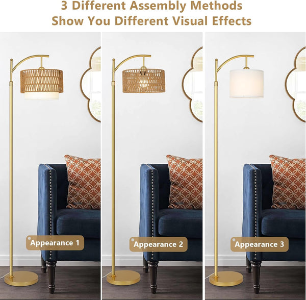 English Elm Gold Boho Floor Lamp with Remote Dimmable LED, Dual Rattan & Fabric Shades, Adjustable Arc Light Brown+Gold W2738P185403