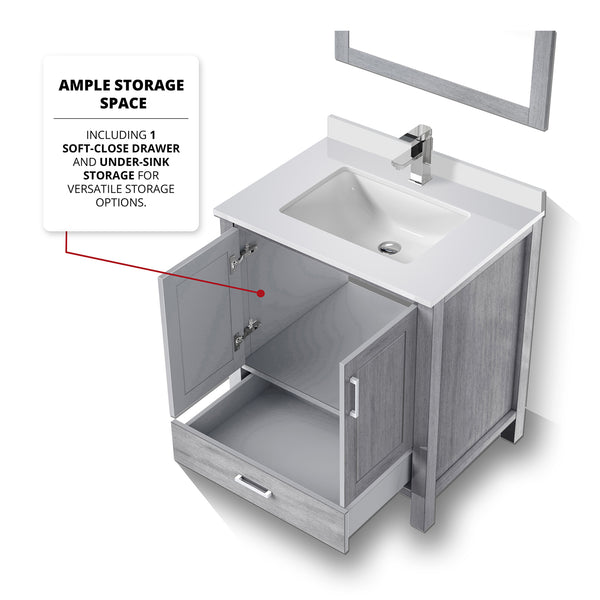 English Elm Distressed Grey 30 in Vanity with Cultured Marble Top, Chrome Faucet & 28x32 Mirror, Scratch-Resistant SurfaceDistressed Grey 30 in Vanity with Cultured Marble Top, Chrome Faucet & 28x32 Mirror, Scratch-Resistant Surface B2731S01326