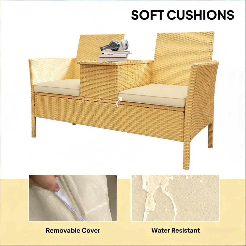English Elm Patio Loveseat with Flip Top Acacia Table Pe Rattan Balcony Sofa Hidden Storage T3971P446177