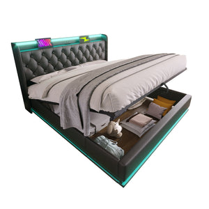 English Elm King Upholstered Bed with Surround LED, App/Remote Control, Hydraulic Storage, USB Type-C Charging Black N736P188808B