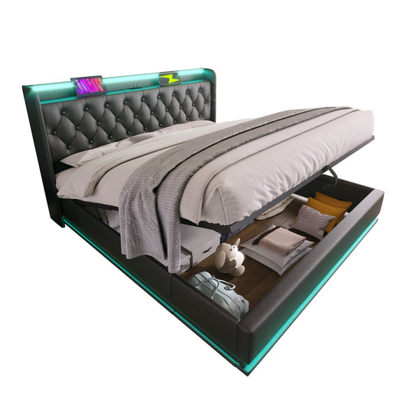 English Elm King Upholstered Bed with Surround LED, App/Remote Control, Hydraulic Storage, USB Type-C Charging Black N736P188808B