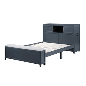 English Elm Gray Full Platform Bed with Bookcase Headboard Fold Out Desk Drawers and Footboard Bench Navy Blue B011S02313