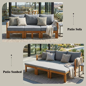 English Elm Outdoor Acacia Wood Dining Set Seats Six with Cushioned Armrest Chairs for Patio Grey,Natural Wood N719Z000220E